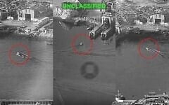Montage photos de trois navires de surface sans pilote « Corsair », également appelés « drones de surface d'attaque à usage unique », lancés par l'armée américaine, en train de se rapprocher de la base navale de Bandar Abbas, en Iran, le 12 juillet 2026. (Crédit : Captures d'écran/CENTCOM) via AP)