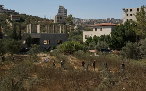 Des résidents d'implantation israéliens défilent dans le village palestinien de Sarra, près de la ville de Naplouse en Cisjordanie, le 31 juillet 2026. (Crédit: AP/Leo Correa)