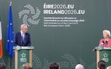 La présidente de la Commission européenne, Ursula von der Leyen, s'exprimant lors d'une conférence de presse le 3 juillet 2026 depuis Dublin aux côtés du président irlandais Micheál Martin. (Crédit : capture d'écran X)