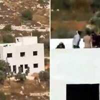 Des soldats et des partisans du mouvement pro-implantations devant une maison palestinienne en cours de construction dont les pro-implantations se sont emparés dans le village de Jalud, au nord de la Cisjordanie, dans une vidéo publiée par les médias palestiniens fin juin 2026. (Capture d'écran : X, utilisée conformément à l'article 27a de la loi sur le droit d'auteur)