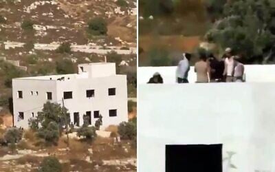 Des soldats et des partisans du mouvement pro-implantations devant une maison palestinienne en cours de construction dont les pro-implantations se sont emparés dans le village de Jalud, au nord de la Cisjordanie, dans une vidéo publiée par les médias palestiniens fin juin 2026. (Capture d'écran : X, utilisée conformément à l'article 27a de la loi sur le droit d'auteur)