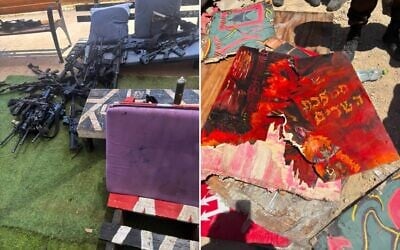 Des armes abandonnées par les soldats du bataillon Tzabar de la brigade Givati à la base de Sde Teiman, dans le sud d’Israël, le 30 juillet 2026 ; une pancarte appartenant aux soldats qui a été brisée par leur commandant. (Capture d'écran/Réseaux sociaux)
