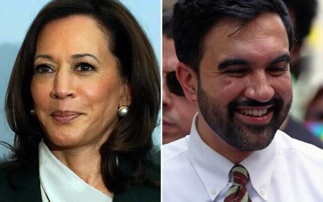 De gauche à droite : l'ancienne vice-présidente américaine Kamala Harris, à Vienne, en Autriche, mardi 16 juin 2026. (Crédit : AP Photo/Matthias Schrader) ; le maire de New York, Zohran Mamdani, à New York, le 28 juin 2026. (Crédit : AP Photo/Pamela Smith) De gauche à droite : l'ancienne vice-présidente américaine Kamala Harris, à Vienne, en Autriche, mardi 16 juin 2026. (Crédit : AP Photo/Matthias Schrader) ; le maire de New York, Zohran Mamdani, à New York, le 28 juin 2026. (Crédit : AP Photo/Pamela Smith)