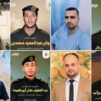 Montage photos, dans le sens des aiguilles d'une montre à partir du haut à gauche : Jaber Mohammadin en tenue civile et en uniforme du Jihad islamique palestinien ; Ahmad Adel Abu al-Hilal en blouse d'hôpital et en uniforme du Jihad islamique palestinien ; Abd al-Latif Abu Tuaima en tenue civile et en uniforme du Jihad islamique palestinien ; et Salem Jumaa Shirab en tenue civile et en uniforme du Jihad islamique palestinien. (Crédits : Réseaux sociaux du Jihad islamique palestinien, de Facebook et d'autres réseaux sociaux ; utilisées conformément à l'article 27a de la loi sur le droit d'auteur)
