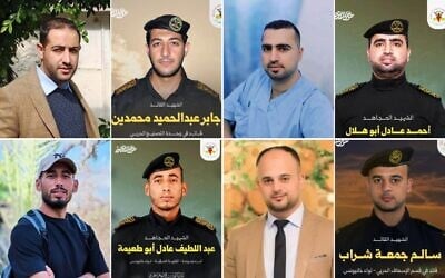 Montage photos, dans le sens des aiguilles d'une montre à partir du haut à gauche : Jaber Mohammadin en tenue civile et en uniforme du Jihad islamique palestinien ; Ahmad Adel Abu al-Hilal en blouse d'hôpital et en uniforme du Jihad islamique palestinien ; Abd al-Latif Abu Tuaima en tenue civile et en uniforme du Jihad islamique palestinien ; et Salem Jumaa Shirab en tenue civile et en uniforme du Jihad islamique palestinien. (Crédits : Réseaux sociaux du Jihad islamique palestinien, de Facebook et d'autres réseaux sociaux ; utilisées conformément à l'article 27a de la loi sur le droit d'auteur)