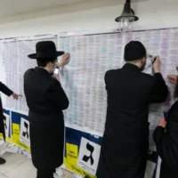 Des hommes ultra-orthodoxes, devant le quartier général du parti Yahadout HaTorah, à Beit Shemesh, au moment des élections municipales, le 27 février 2024. (Yaakov Lederman/Flash90)