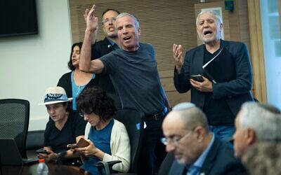 Les députés de l'opposition du parti Yesh Atid, Elazar Stern (à gauche) et Meïr Cohen (à droite), lors d'une audition de la commission des Affaires étrangères et de la Défense de la Knesset consacrée à un projet de loi visant à geler les arrestations des réfractaires à la conscription ultra-orthodoxes, le 12 juillet 2026. (Crédit : Chaïm Goldberg/Flash90)
