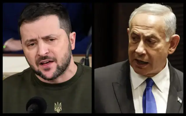 À gauche : le président ukrainien Volodymyr Zelensky s'adresse au Congrès américain à Washington, DC, le 21 décembre 2022 ; à droite : le Premier ministre Benjamin Netanyahu présente le nouveau gouvernement au Parlement à la Knesset, à Jérusalem, le 29 décembre 2022. (Crédit: Mandel Ngan/AFP ; Amir Cohen/Pool/AFP)