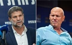 Montage photos (de gauche à droite) : Le ministre des Finances, Bezalel Smotrich, à Jérusalem, le 15 juin 2026 ; Nitzan Alon lors de la Conférence d'Herzliya, à l'Université Reichman, le 1ᵉʳ juillet 2026. (Crédits : Yonatan Sindel/Flash90 ; Avshalom Sassoni/Flash90)