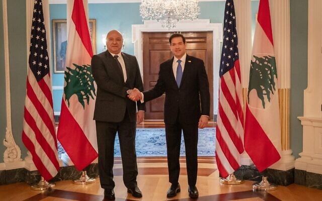 (gauche à droite) Le président libanais Joseph Aoun et le chef de la diplomatie américaine Marco Rubio, à Washington le 19 juillet 2026. (Crédit : compte x de Marco Rubio)
