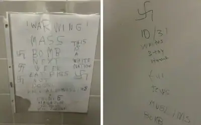 Les graffitis attribués à Ziheng Fang à l’université d’État de San José, visibles dans une plainte pénale rendue publique le 9 juillet 2026. (Crédit: Ministère américain de la Justice)