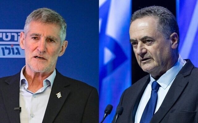 Montage photos de gauche à droite : Yaïr Golan, chef du parti Les Démocrates, rencontrant les membres nouvellement élus de son parti au lendemain des primaires du parti, à Tel Aviv, le 21 juillet 2026 ; le ministre de la Défense, Israel Katz, assistant à une conférence au Centre de conventions internationales de Jérusalem, le 17 juin 2026. (Crédits : Avshalom Sassoni/Flash90 ; Oren Ben Hakoon/Flash90)