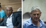 Ces photos montrent Moshe Solomon (à gauche), député du parti HaTzionout HaDatit, lors d'une réunion d'une commission de la Knesset le 28 juin 2026 (Crédit : Yonatan Sindel/Flash90) ; et Ram Ben Barak, député du parti Yesh Atid, lors d'une séance plénière de la Knesset le 27 avril 2026 (Crédit : Chaim Goldberg/Flash90)