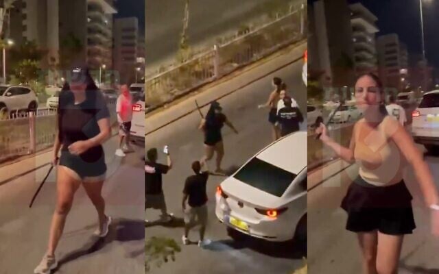 Des captures d'écran tirées de vidéos diffusées sur les réseaux sociaux montrent des femmes en train d'agresser un automobiliste à Kfar Yona, le 23 août 2026. (Crédit : Channel 13 et X, utilisées conformément à l'article 27a de la loi sur le droit d'auteur)