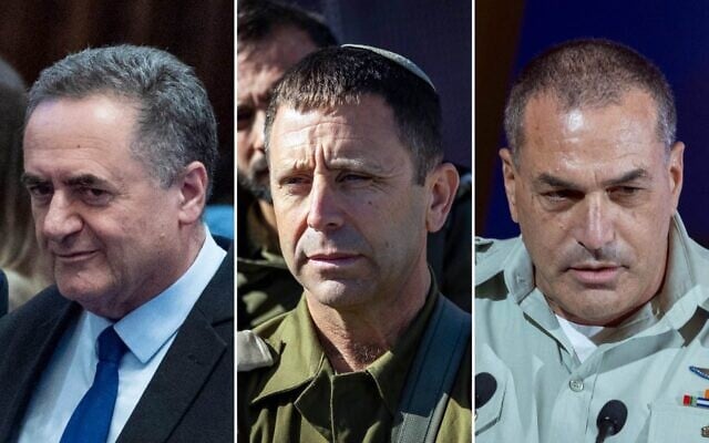 Montage photos (de gauche à droite) : Le ministre de la Défense, Israel Katz, le 15 juillet 2026 ; le général de division Avi Bluth, chef du Commandement du Centre de l'armée israélienne, le 20 février 2026 ; Eyal Zamir, chef d'état-major de l'armée israélienne, le 12 juillet 2026. (Crédits : Yonatan Sindel/Flash90 ; Chaïm Goldberg/Flash90 ; Chaïm Goldberg/Flash90)