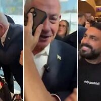 Captures d'écran tirées d'une vidéo publiée en ligne par le Premier ministre Benjamin Netanyahu, le montrant en train de prendre des selfies avec des enfants dans un centre commercial, le 13 août 2026. (Crédit : Capture d'écran/X)