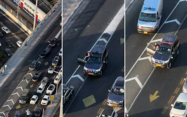 Un agent de l'unité de sécurité personnelle du Premier ministre Benjamin Netanyahu sortant son fusil d'assaut sur une autoroute bondée lors d'un passage de routine du convoi du Premier ministre, à Tel Aviv, le 19 août 2026. (Crédits : Captures d'écran/Réseaux sociaux ; utilisées conformément à l'article 27a de la loi sur le droit d'auteur)