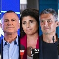 Montage photos (de gauche à droite) : L'ancien ministre Gilad Erdan et le député Yuli Edelstein, à Tel Aviv, le 6 août 2026 ; la vice-ministre des Affaires étrangères, Sharren Haskel, à Jérusalem, le 14 juillet 2026 ; Yoaz Hendel et Chili Tropper, à Jérusalem, le 5 août 2026. (Crédits : Avshalom Sassoni/Flash90 ; Chaïm Goldberg/Flash90 ; Yonatan Sindel/Flash90)
