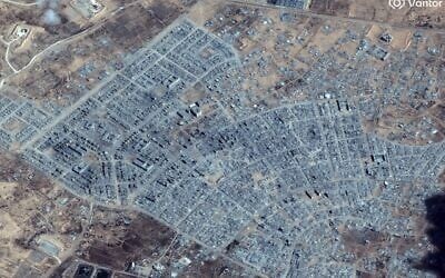 Image satellite des dégâts causés à Rafah, dans le sud de la bande de Gaza, le 10 octobre 2025. (Crédit : Image satellite ©2025 Vantor/AFP)