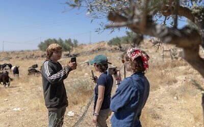 Des militants de l’organisation « Protective Presence » (à droite) faisant face à un résident d'implantation qui les filme également avec son téléphone portable, alors qu’il tente de pénétrer dans la maison d’une famille bédouine en Cisjordanie, à l’est de Ramallah, juste à la sortie du village de Taybeh, le 22 juin 2026. (Crédit : Ilia Yefimovich/AFP) Des militants de l’organisation « Protective Presence » (à droite) faisant face à un résident d'implantation qui les filme également avec son téléphone portable, alors qu’il tente de pénétrer dans la maison d’une famille bédouine en Cisjordanie, à l’est de Ramallah, juste à la sortie du village de Taybeh, le 22 juin 2026. (Crédit : Ilia Yefimovich/AFP)