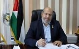 Le dirigeant du Hamas, Khalil al-Hayya,  lors d'un entretien accordé à l'AFP dans son bureau de Gaza-City, le 21 avril 2021. (Crédit : Emmanuelle Dunand/AFP)