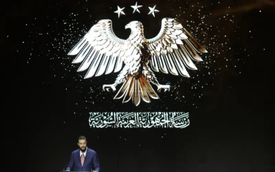 Le président syrien Ahmed al-Sharaa s'exprime lors de la cérémonie d'inauguration de la 63e édition de la Foire internationale de Damas, dans la capitale Damas, le 26 août 2026. (Crédit: Bakr ALkasem/AFP)