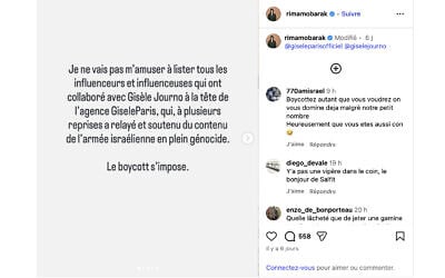 La publication Instagram de Rima Hassan qui a provoqué le cyberharcèlement de Gisèle Journo, fondatrice et directrice de l’agence d’influenceurs Gisèle Paris. (Crédit : Capture d’écran Instagram) La publication Instagram de Rima Hassan qui a provoqué le cyberharcèlement de Gisèle Journo, fondatrice et directrice de l’agence d’influenceurs Gisèle Paris. (Crédit : Capture d’écran Instagram)