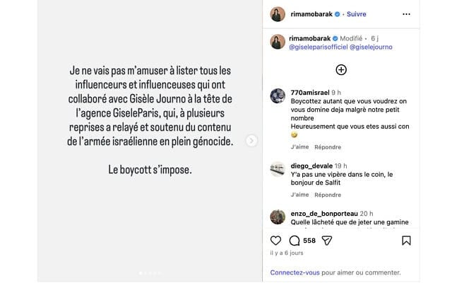 La publication Instagram de Rima Hassan qui a provoqué le cyberharcèlement de Gisèle Journo, fondatrice et directrice de l’agence d’influenceurs Gisèle Paris. (Crédit : Capture d’écran Instagram)