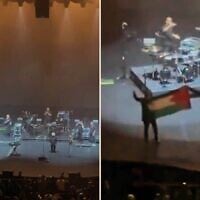 Les membres du groupe Massive Attack brandissant un drapeau palestinien lors de leur concert, à Singapour, le 29 juillet 2026. (Crédit : Vidéo/X ; utilisée conformément à l'article 27a de la loi sur le droit d'auteur)