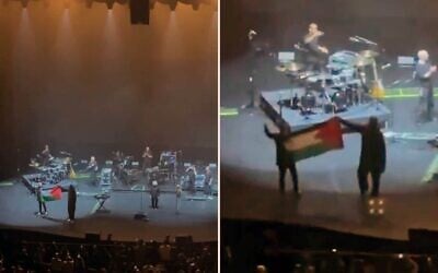 Les membres du groupe Massive Attack brandissant un drapeau palestinien lors de leur concert, à Singapour, le 29 juillet 2026. (Crédit : Vidéo/X ; utilisée conformément à l'article 27a de la loi sur le droit d'auteur)