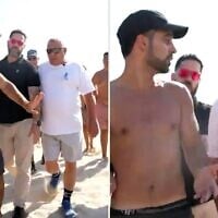 Montage photos : L'activiste radical Mordechaï David (à gauche) interpellant l’homme politique Gadi Eisenkot le 7 août 2026. (Crédits : Capture d’écran/Réseaux sociaux ; utilisation conforme à l’article 27a de la loi sur le droit d’auteur)