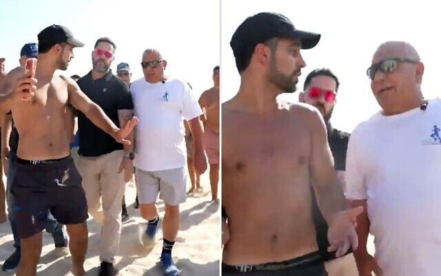 Montage photos : L'activiste radical Mordechaï David (à gauche) interpellant l’homme politique Gadi Eisenkot le 7 août 2026. (Crédits : Capture d’écran/Réseaux sociaux ; utilisation conforme à l’article 27a de la loi sur le droit d’auteur) Montage photos : L'activiste radical Mordechaï David (à gauche) interpellant l’homme politique Gadi Eisenkot le 7 août 2026. (Crédits : Capture d’écran/Réseaux sociaux ; utilisation conforme à l’article 27a de la loi sur le droit d’auteur)