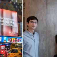 De gauche à droite : Un panneau d'affichage numérique pour l'IA Claude, d'Anthropic, vu à Times Square, New York, le 20 juin 2026. (Brian Logan/iStock) ; Les fondateurs de Decart, Dean Leitersdorf (à gauche) et Moshe Shalev. (Amit Elkayam)