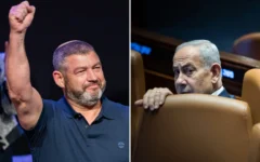 Ofer Winter (à gauche) salue sous les applaudissements lors du lancement de son parti Amkha Yisrael, à Jérusalem, le 25 août 2026. (Crédit : Chaim Goldberg/Flash90) ; Le Premier ministre Benjamin Netanyahu assiste à un vote à la Knesset, le 16 juillet 2026. (Crédit : Yonatan Sindel/Flash90)