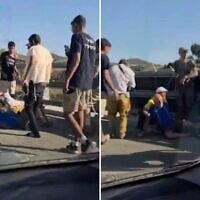 Agression d'un un homme de 75 ans pour avoir retiré une banderole réclamant la libération de Yigal Amir, l’assassin du Premier ministre Yitzhak Rabin en 1995, le 28 juillet 2026. (Crédit : Captures d’écran/Réseaux sociaux ; utilisées conformément à l’article 27a de la loi sur le droit d’auteur)