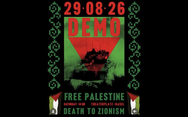 Affiche de la manifestation interdite anti-sioniste organisée par le collectif basel4palestine à Bâle le 29 aout 2026, sur laquelle on peut lire "Free Palestine" (Libérez la Palestine) et "Death to Zionism" (Mort au sionisme) (Capture d'écran - Instagram @basel4palestine)