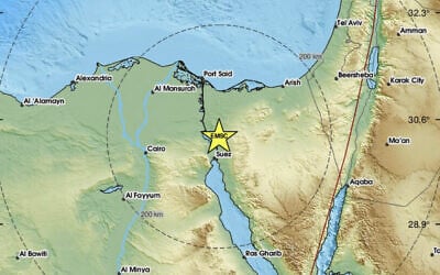 Un graphique indiquant l'emplacement du séisme survenu au nord de Suez, en Égypte, aux premières heures du 3 août 2026. (Crédit : Centre sismologique euro-méditerranéen)