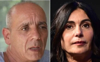 À gauche : Nissim Louk prend la parole. sur la Douzième chaîne, le 17 mai 2024. (Capture d'écran de la Douzième chaîne) À droite : La ministre des Transports Miri Regev lors de la conférence Muni Expo 2026 à Tel-Aviv, le 23 juin 2026. (Avshalom Sassoni/Flash90)