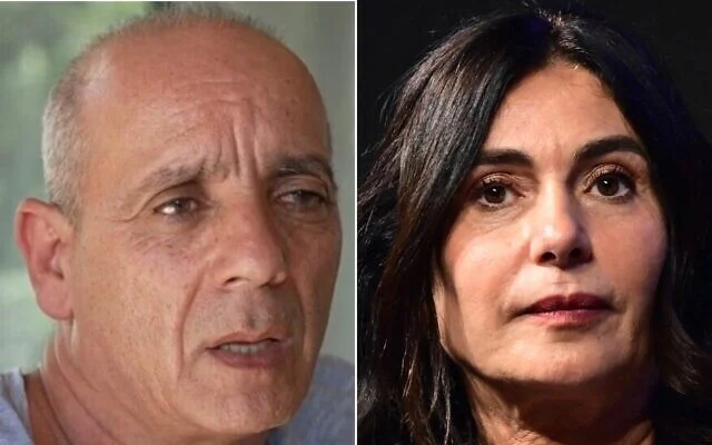 À gauche : Nissim Louk prend la parole. sur la Douzième chaîne, le 17 mai 2024. (Capture d'écran de la Douzième chaîne) À droite : La ministre des Transports Miri Regev lors de la conférence Muni Expo 2026 à Tel-Aviv, le 23 juin 2026. (Avshalom Sassoni/Flash90) À gauche : Nissim Louk prend la parole. sur la Douzième chaîne, le 17 mai 2024. (Capture d'écran de la Douzième chaîne) À droite : La ministre des Transports Miri Regev lors de la conférence Muni Expo 2026 à Tel-Aviv, le 23 juin 2026. (Avshalom Sassoni/Flash90)