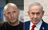 Montages photos (de gauche à droite) : L'ex-Premier ministre et chef du parti BeYahad, Naftali Bennett, lors d'une interview à la chaîne N12 diffusée le 22 août 2026 ; le Premier ministre Benjamin Netanyahu votant pour les primaires du Likud, à Jérusalem, le 17 août 2026. (Crédits : Capture d'écran/N12 ; Chaïm Goldberg/Flash90)