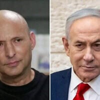 Montages photos (de gauche à droite) : L'ex-Premier ministre et chef du parti BeYahad, Naftali Bennett, lors d'une interview à la chaîne N12 diffusée le 22 août 2026 ; le Premier ministre Benjamin Netanyahu votant pour les primaires du Likud, à Jérusalem, le 17 août 2026. (Crédits : Capture d'écran/N12 ; Chaïm Goldberg/Flash90)