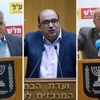 Montage photos (de gauche à droite) : Youssef Jabareen, chef du parti Hadash ; Sami Abou Shahadeh, chef du parti Balad ; et Ahmad Tibi, chef du parti Taal. (Crédits : Flash90)