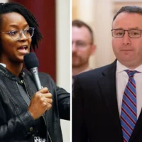 Ce montage photo donne à voir la sénatrice de l'État de Floride Angie Nixon (à gauche) et Alexander Vindman. (AP Photo/Phil Sears, AP Photo/J. Scott Applewhite)