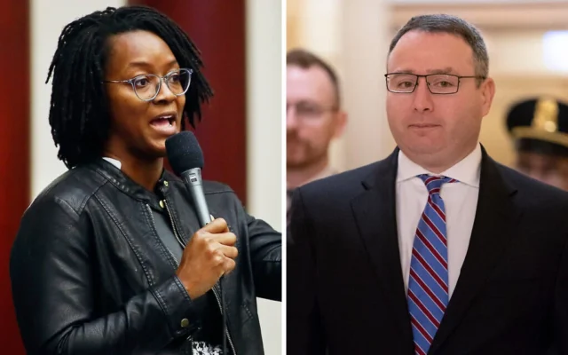 Ce montage photo donne à voir la sénatrice de l'État de Floride Angie Nixon (à gauche) et Alexander Vindman. (AP Photo/Phil Sears, AP Photo/J. Scott Applewhite)