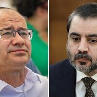 Montage photos (de gauche à droite) : Roman Gofman, chef de l'agence de renseignement du Mossad ; Asaad al-Shaibani, ministre des Affaires étrangères de la Syrie. (Crédits : Chaïm Goldberg/Flash90 ; Service de presse du ministère russe des Affaires étrangères via AP)