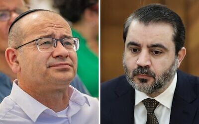 Montage photos (de gauche à droite) : Roman Gofman, chef de l'agence de renseignement du Mossad ; Asaad al-Shaibani, ministre des Affaires étrangères de la Syrie. (Crédits : Chaïm Goldberg/Flash90 ; Service de presse du ministère russe des Affaires étrangères via AP)