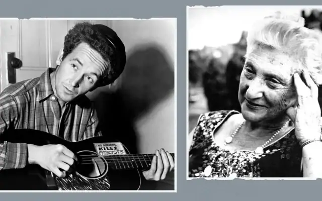 Woody Guthrie (à gauche) et la poétesse yiddish Aliza Greenblatt. Après le mariage de Guthrie avec la fille de Greenblatt, Marjorie Mazia, tous deux ont développé une forte relation qui est au coeur de ce nouveau documentaire 
« Dust Bowls and Jewish Souls ». (Woody Guthrie Publications via la JTA)