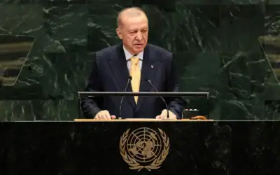 Le président turc Recep Tayyip Erdogan s'exprimant lors de la 81ᵉ session de l'Assemblée générale des Nations unies, au siège de l'ONU, à New York, le 22 septembre 2026. (Crédit : Michael M. Santiago/Getty Images/AFP) Le président turc Recep Tayyip Erdogan s'exprimant lors de la 81ᵉ session de l'Assemblée générale des Nations unies, au siège de l'ONU, à New York, le 22 septembre 2026. (Crédit : Michael M. Santiago/Getty Images/AFP)