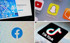 Cette série de photos présente les logos de X, anciennement Twitter, en haut à gauche ; de Snapchat, en haut à droite ; de Facebook, en bas à gauche ; et de TikTok, en bas à droite. (Crédit : AP Photo)
