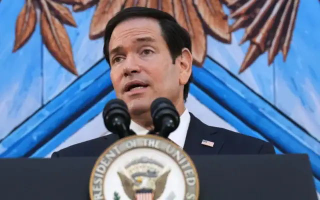 Le secrétaire d’État américain Marco Rubio s’exprimant lors d’un événement organisé au « Donald J. Trump Institute of Peace », récemment rebaptisé, à Washington, le 3 septembre 2026. (Crédit : Jacquelyn Martin/AP)